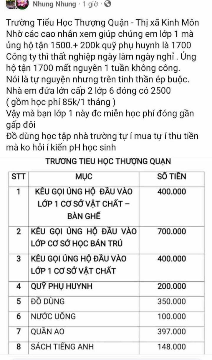 Danh sách khoản thu tại trường Tiểu học Thượng Quận.