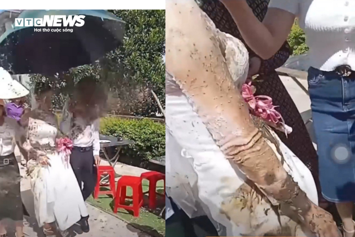 Cô dâu, chú rể ở Hà Tĩnh bị tạt chất bẩn trong ngày cưới. (Ảnh cắt từ clip)