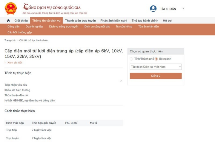 Hướng dẫn đăng ký cấp điện mới từ lưới điện trung áp trên Cổng dịch vụ công Quốc gia.