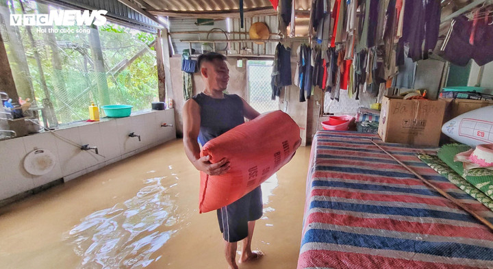 Anh Lê Ngọc Nam cho biết, khoảng 3h ngày 8/10, nước lũ bắt đầu dâng vào nhà khiến nhiều bao lúa của gia đình bị ngập. “Tất cả đồ điện tử đã được chúng tôi di dời lên cao, nước lên nhanh khiến chúng tôi không kịp trở tay”, anh Nam nói.