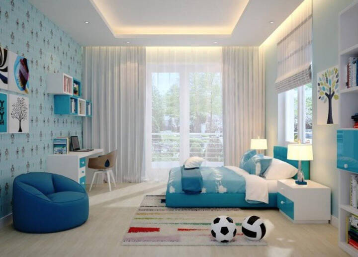 Phòng ngủ bé trai với tổng thể nội thất gỗ công nghiệp và màu xanh năng động. Giường ngủ đặt chính giữa phòng tạo ra lối đi 2 bên vô cùng thoải mái cho trẻ hoạt động.