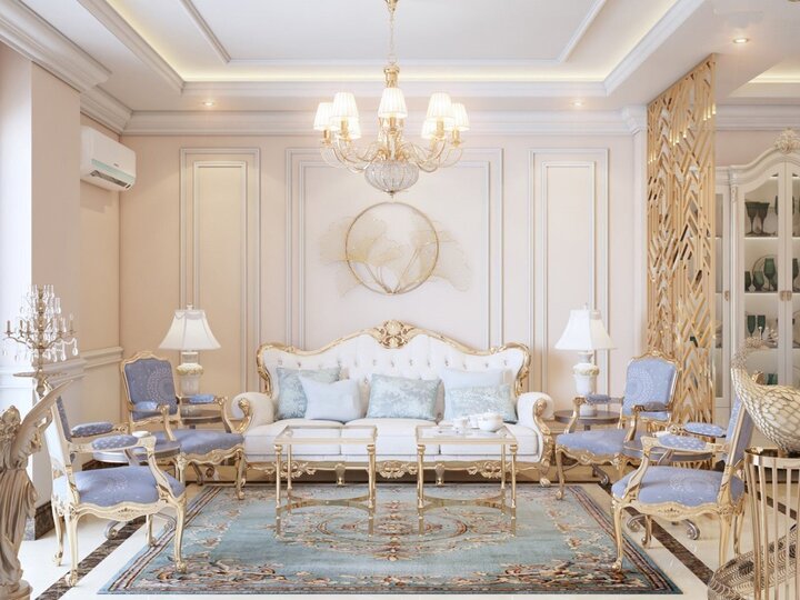 Với nội thất được thiết kế theo phong cách tân cổ điển thì không gian phòng khách này hoàn toàn mang hơi thở châu Âu, với nét đẹp sang trọng, xa hoa.