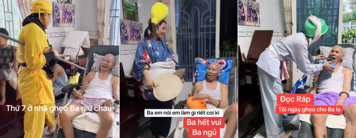 Trong lúc chăm sóc cha, chị Lan lại hóa trang hoặc pha trò. (Ảnh: NVCC)