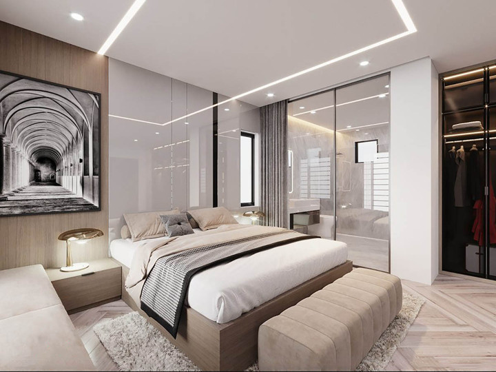 Thiết kế này thích hợp cho phòng ngủ có nhiều người sử dụng cùng lúc. Bạn đừng quên chọn tấm rèm có kích thước, màu sắc và thiết kế sao cho phù hợp với tổng thể phòng ngủ.