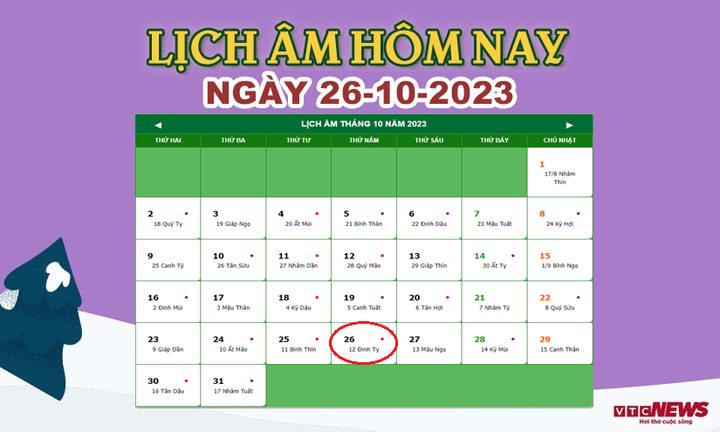 Xem lịch âm hôm nay ngày 26/10/2023.