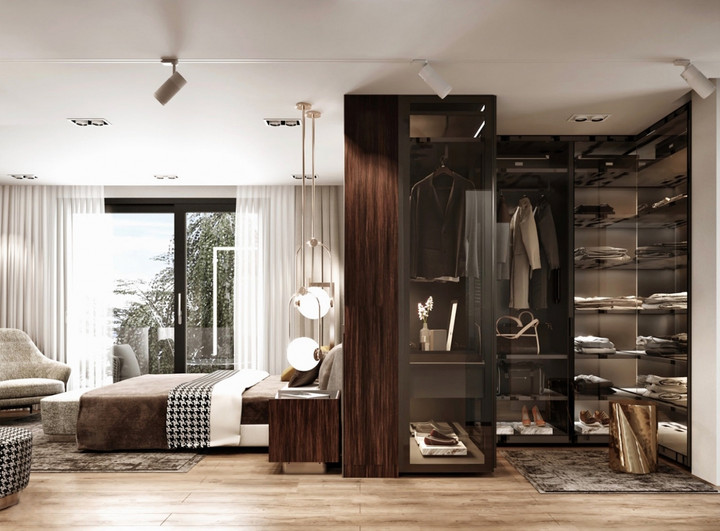 Phòng thay đồ được làm bằng gỗ tự nhiên, đường vân đẹp mắt, màu sắc đậm, đem lại sự sang trọng, quý giá và ấm cúng cho cả căn phòng.
