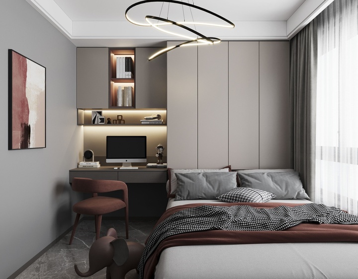Đối với mẫu phòng ngủ này, các kiến trúc sư đã thiết kế thêm hệ kệ tủ treo tường để tăng không gian lưu trữ cho khu vực làm việc. Toàn bộ nội thất đều sử dụng màu sắc đồng nhất với nhau, thể hiện gu thẩm mỹ cao của người sử dụng.