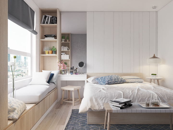 Thiết kế tủ kệ sách tại khu vực bàn làm việc giúp người sử dụng dễ dàng lưu trữ, bảo quản đồ dùng. Mẫu phòng ngủ này còn sử dụng một cửa sổ lớn, có thể đón ánh tự nhiên một cách dễ dàng.