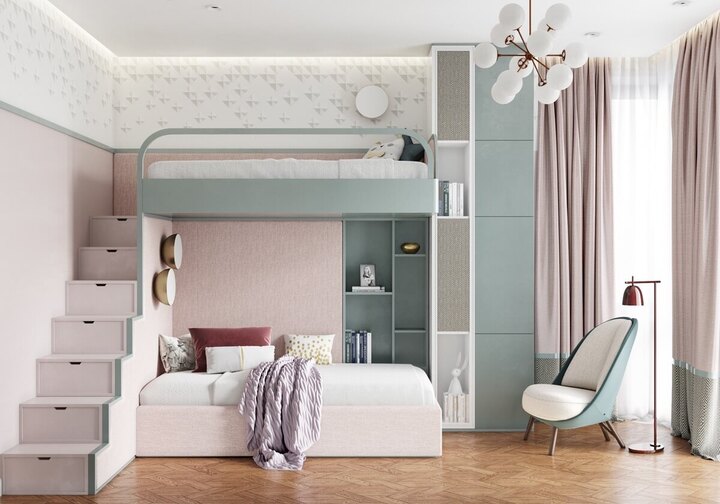 Thiết kế nội thất phòng ngủ giường tầng cho 2 bé gái cá tính với cách sử dụng giường tầng độc đáo nhằm tối ưu diện tích tối đa mang đến không gian ngủ 10m2 tuyệt vời. Tuy nhiên, thiết kế này lại chiếm khác nhiều diện tích sửu dụng trong căn phòng.