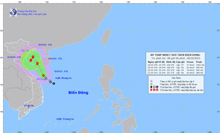 Vị trí và đường đi của áp thấp nhiệt đới trên Biển Đông.