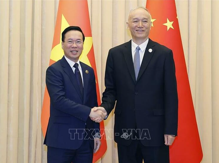 Chủ tịch nước Võ Văn Thưởng gặp đồng chí Thái Kỳ, Ủy viên Thường vụ Bộ Chính trị, Bí thư Ban Bí thư, Chánh Văn phòng Trung ương Đảng Cộng sản Trung Quốc.