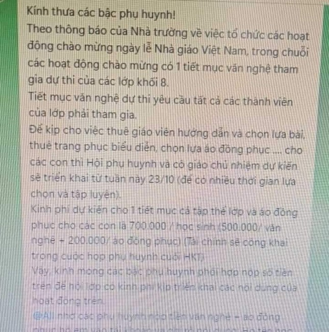 Thông tin phụ huynh đứng ra kêu gọi nộp 700.000 đồng/học sinh để phục vụ hoạt động văn nghệ 20/11 (Ảnh chụp màn hình)