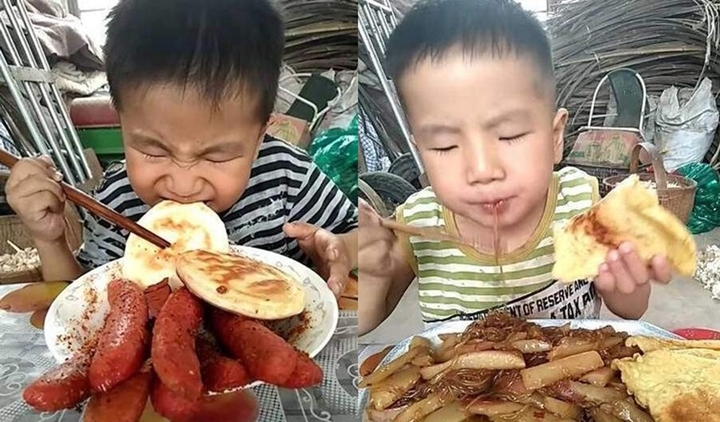 Cậu bé này ăn rất nhiều, toàn là thực phẩm nhiều dầu mỡ như mỳ xào, xúc xích, bánh rán, trứng chiên.