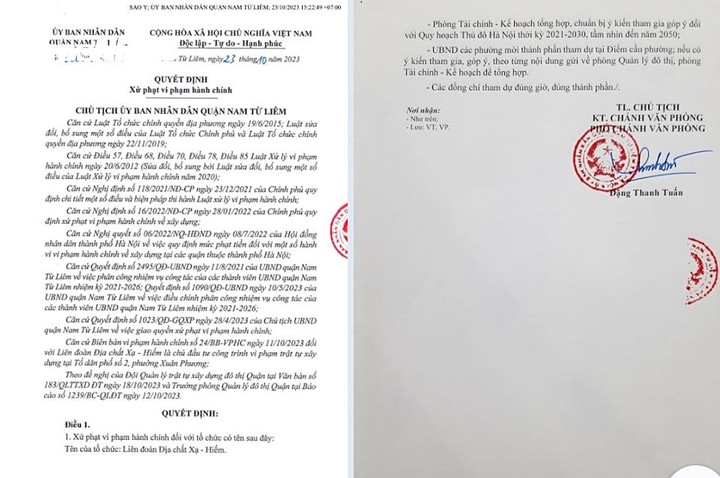 Văn bản xử phạt của UBND quận Nam Từ Liêm đối với Liên đoàn Địa chất Xạ - Hiếm.