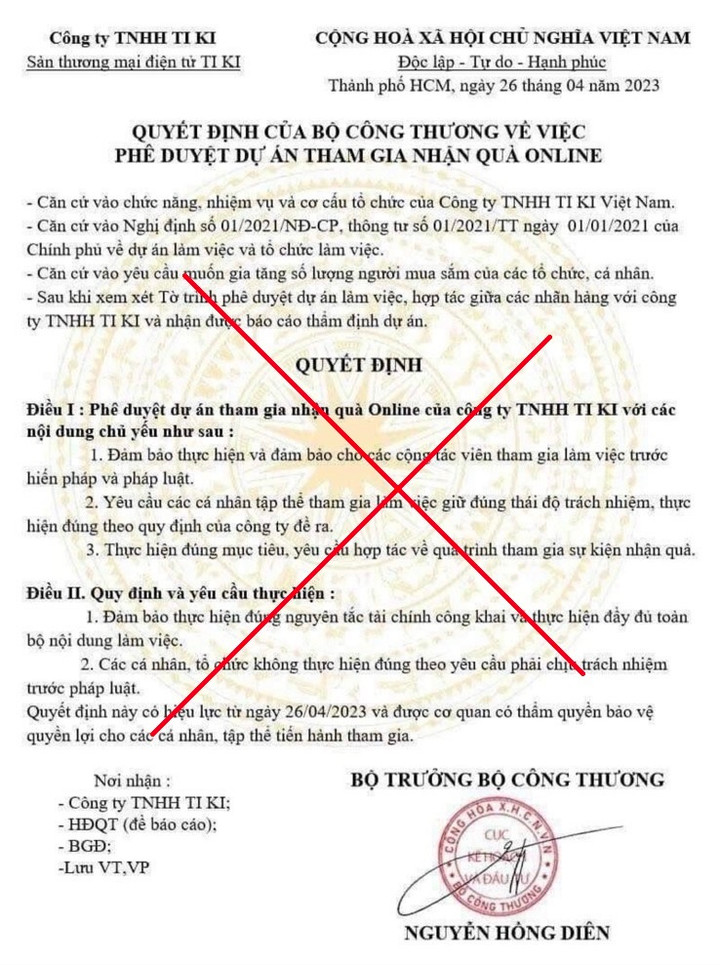 Văn bản giả mạo Bộ Công Thương. (Ảnh: Bộ Công thương).