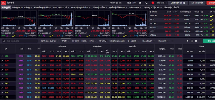 VN-Index giảm gần 15 điểm trong phiên 31/10. (Ảnh chụp màn hình)