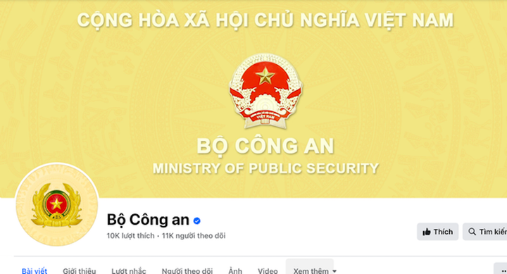 Trang thông tin chính thức của Bộ Công an trên nền tảng mạng xã hội Facebook.