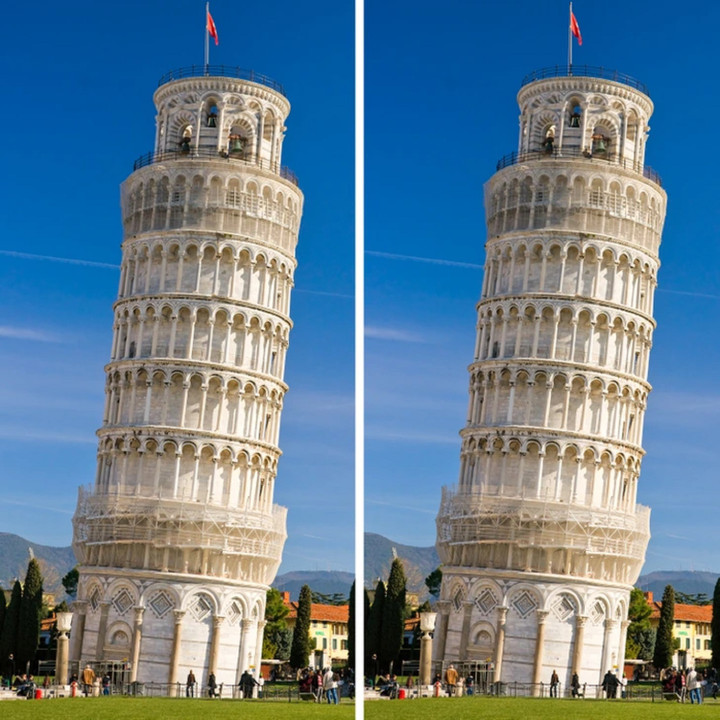 Bạn đoán tháp bên trái hay bên phải nghiêng nhiều hơn?