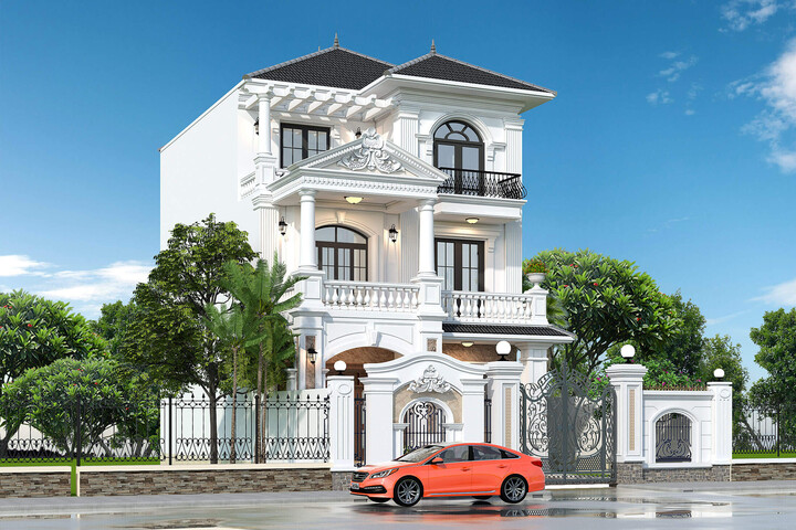 Mẫu biệt thự này được thiết kế theo phong cách cổ điển xưa, sử dụng hệ thống đèn vàng tạo nên sự ấm áp. Ngoài ra tông màu trắng đen kết hợp làm màu chủ đạo của ngôi nhà cũng tạo nên sự nổi bật.