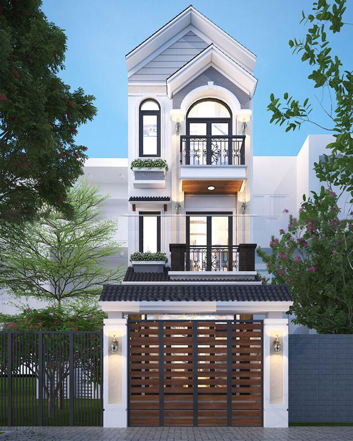Màu sắc trắng nhẹ kết hợp với những màu xám và nâu trầm giả gỗ tạo nên sự đặc biệt ở phần ngoại thất. Phần lan can ban công được làm bằng sắt mỹ thuật màu đen tạo nên một tổng thể hài hòa sang trọng.