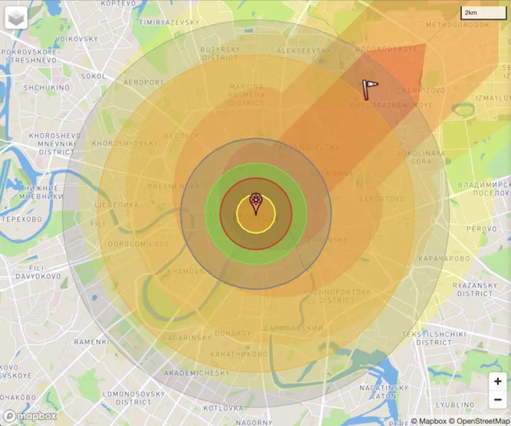 Hình ảnh mô phỏng do Nukemap tạo ra cho thấy khả năng hủy diệt từ quả bom hạt nhân 360 kiloton của Mỹ nếu nó được thả xuống Moskva. (Ảnh: Nukemap)