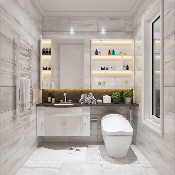 Chỉ với sự kết hợp giữa các mẫu gạch ốp lát đơn giản và những gam màu pastel nhẹ nhàng, không gian phòng tắm sẽ mang đến sự nhẹ nhàng thoải mái.