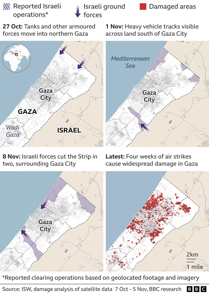 Bản đồ giao tranh ở Gaza tính đến ngày 7/11. Màu tím chỉ các mũi tiến công của Israel, vùng màu đỏ chỉ khu vực bị không kích. (Ảnh: BBC)