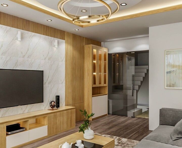 Mẫu phòng khách này được mô phỏng bề mặt giả gỗ rất chân thực và sống động giúp đem lại sự lựa chọn đa dạng cho gia chủ yêu thích phong cách tự nhiên.