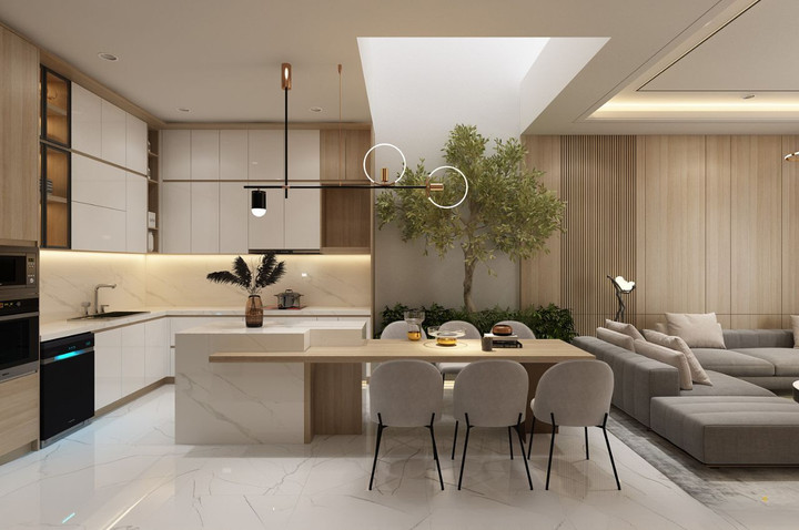 Để tạo được sự hài hòa, thống nhất và ấn tượng cho không gian phòng khách liền bếp thì bạn nên bố trí màu sắc, chất liệu và kiểu dáng đồ nội thất có sự đồng bộ.