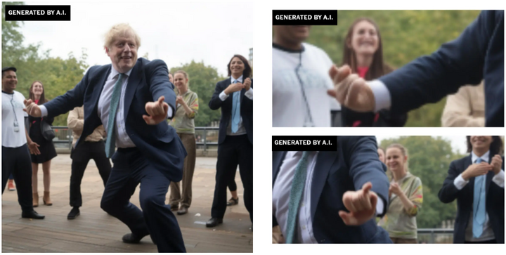 Lỗi bàn tay trong bức ảnh cựu Thủ tướng Anh Boris Johnson đang khiêu vũ do AI tạo ra. (Ảnh: Eliot Higgins)