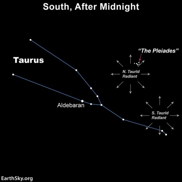 Các cơn mưa sao băng tháng 11 sẽ tỏa ra từ phía chìm sao Kim Ngưu (Taurus) - (Ảnh: EARTHSKY)