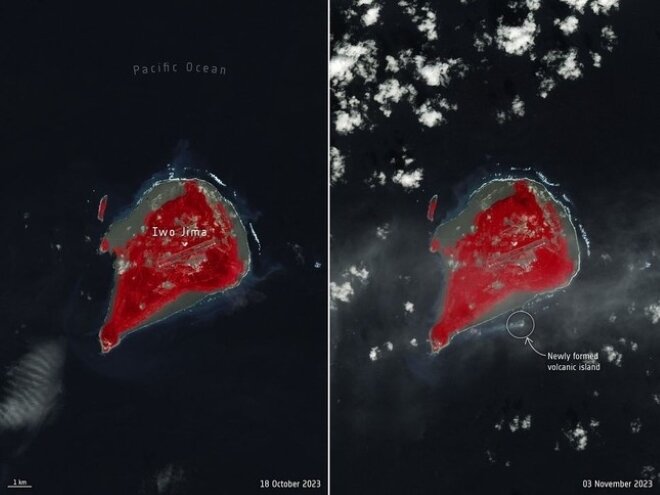 Hòn đảo núi lửa mới nổi ở đại dương ngoài khơi đảo Iwo Jima của Nhật Bản có thể được nhìn thấy qua hình ảnh vệ tinh. (Ảnh: ESA/USGS)
