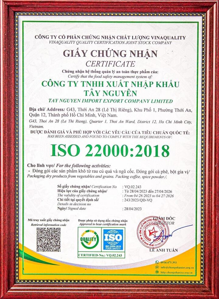 Tây Nguyên Food Việt Nam được cấp chứng nhận ISO 22000:2018.