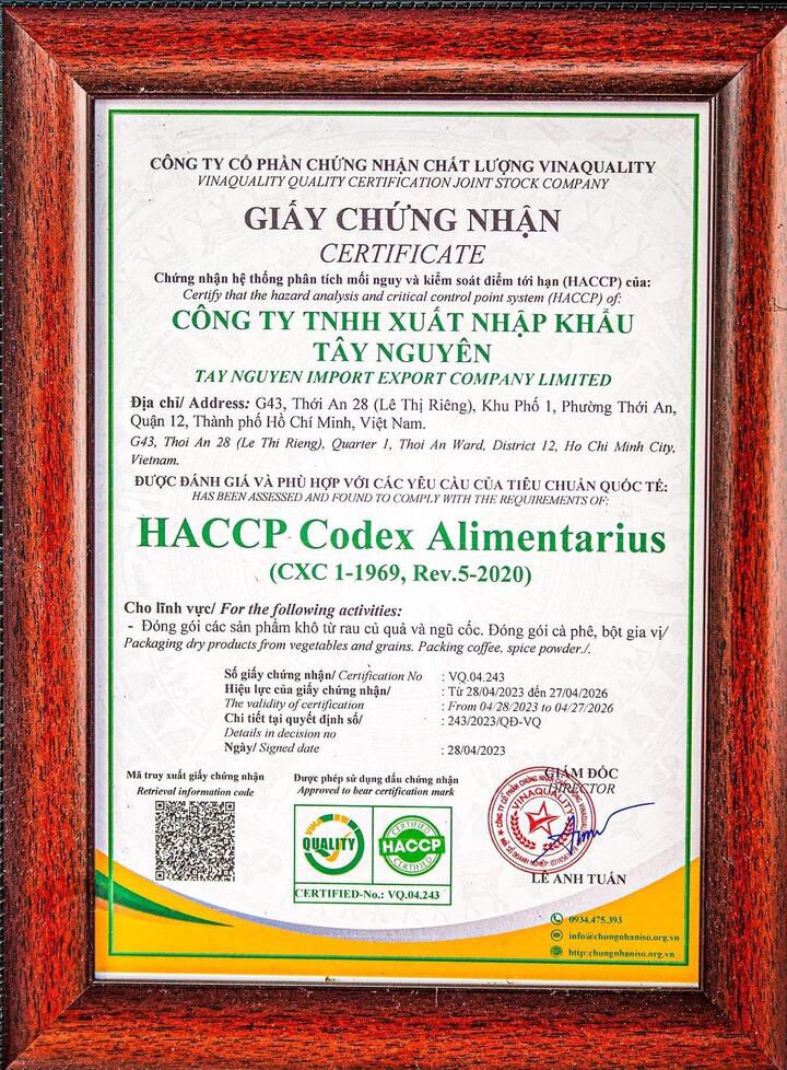 Tây Nguyên Food Việt Nam được cấp chứng nhận HACCP.