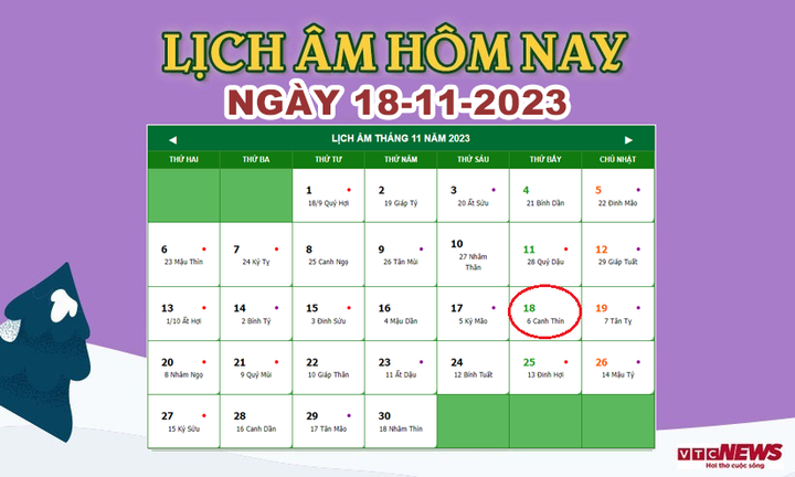 Xem lịch âm hôm nay ngày 18/11/2023.