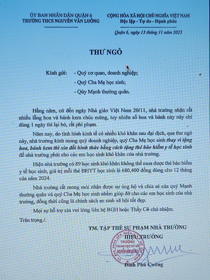 Bức thư của ông Cường.