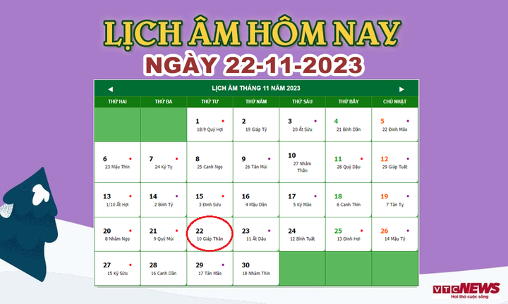 Xem lịch âm hôm nay ngày 22/11/2023.