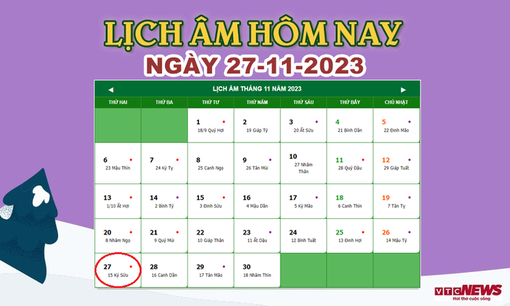 Xem lịch âm hôm nay ngày 27/11/2023.
