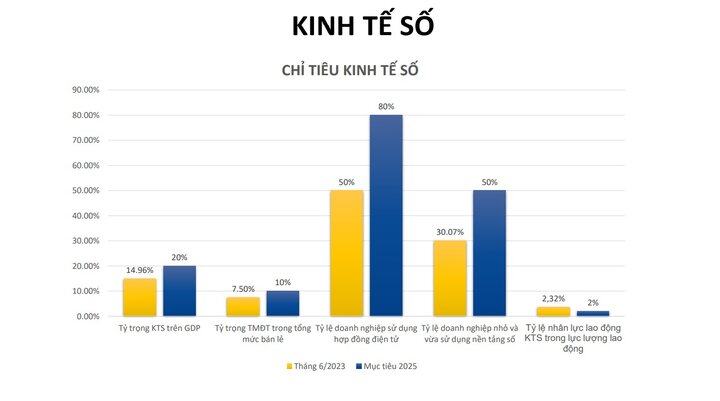 Các chỉ tiêu về kinh tế số của Việt Nam tính đến tháng 6/2023 và mục tiêu đến 2025. (Nguồn: Vụ Kinh tế số và xã hội số - Bộ TT&TT).