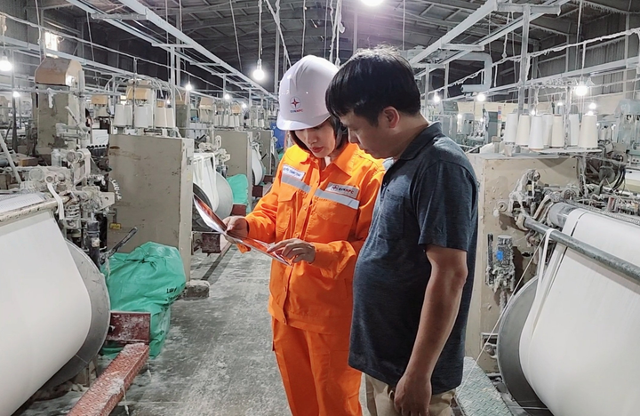 Nhân viên phòng Kinh doanh Điện lực Lý Nhân tư vấn cho khách hàng về các dịch vụ điện.