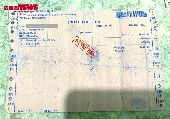 Phiếu thu 36,8 triệu đồng từ việc "vẽ bệnh" của Phòng khám Đa khoa Đại Tín. (Ảnh: Thy Huệ)