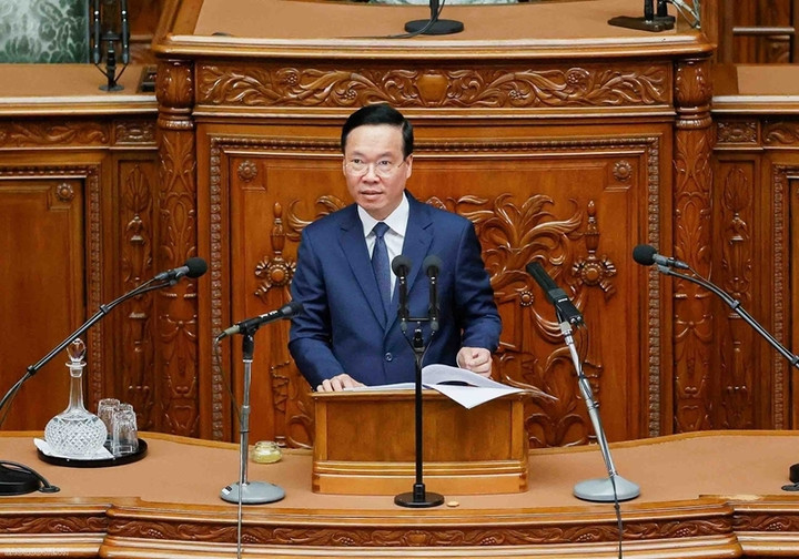 Chủ tịch nước Võ Văn Thưởng phát biểu diễn văn chính sách tại Quốc hội Nhật Bản. (Ảnh: dangcongsan)