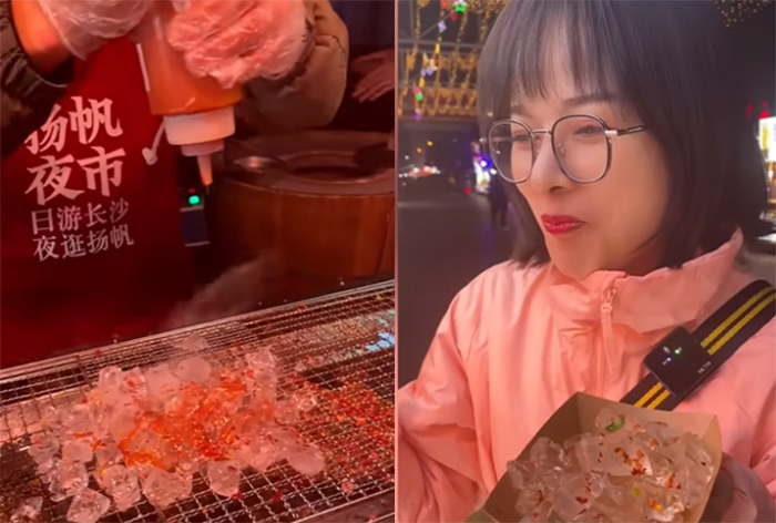 Khách hàng thích thú thử nghiệm món đá viên nướng.