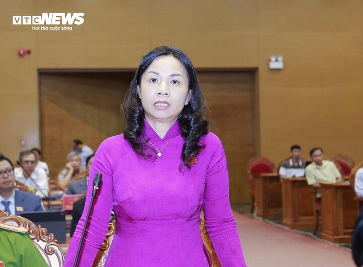 Bà Lê Bình Thanh – Bí thư Huyện ủy Tây Sơn chất vấn và trả lời chất vấn tại hội nghị.