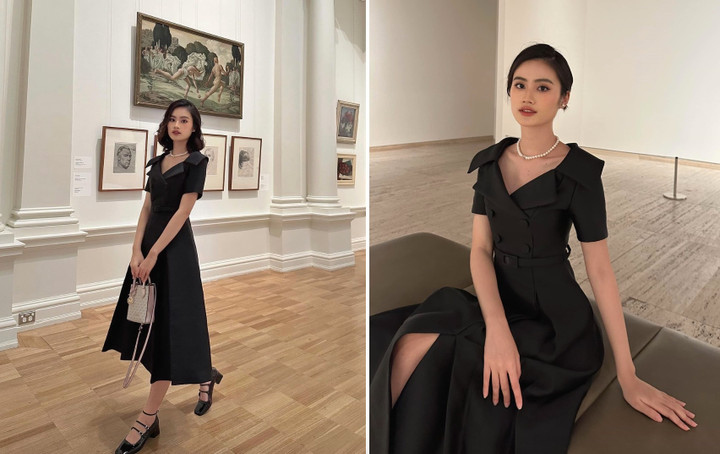 Tròn một tháng kể từ ngày Hoa hậu Thế giới Việt Nam 2023 Huỳnh Trần Ý Nhi sang Australia du học tại Đại học Sydney. Trên kênh cá nhân, người đẹp thường xuyên đăng tải loạt khoảnh khắc trong cuộc sống đời thường. Gần nhất, Ý Nhi xuất hiện trong một triển lãm nghệ thuật tại Australia. Cô chọn đầm đen dáng dài sang trọng và phối cùng trang sức ngọc trai.