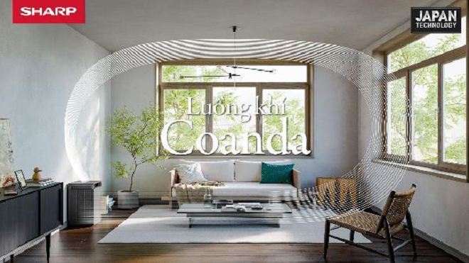 Sharp Purefit với luồng khí Coanda mạnh mẽ, bao quát không gian sống.