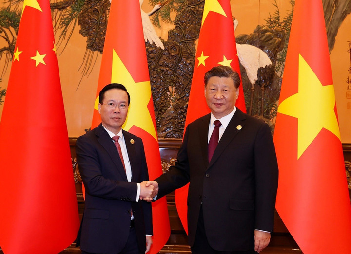 Chủ tịch nước Võ Văn Thưởng hội kiến Tổng Bí thư, Chủ tịch Trung Quốc Tập Cận Bình. (Ảnh: Thống Nhất/TTXVN)