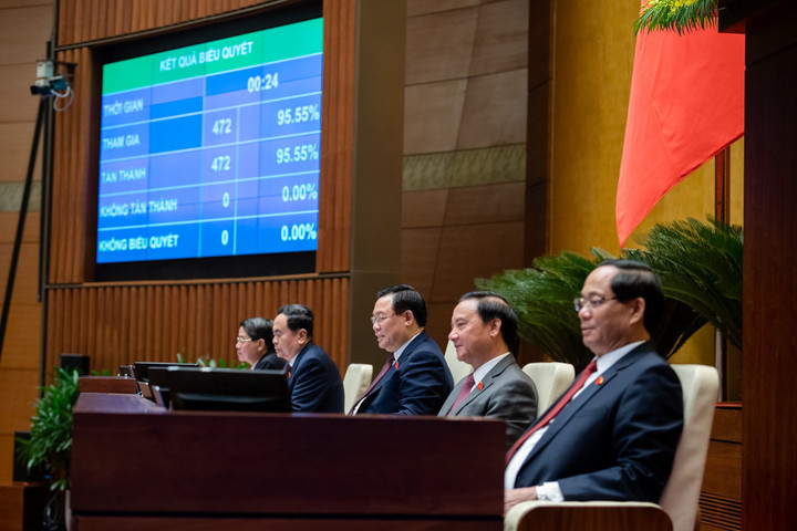 Lãnh đạo Quốc hội theo dõi số phiếu biểu quyết điện tử tại kỳ họp thứ 6, Quốc hội khoá XV. (Ảnh: quochoi.vn)