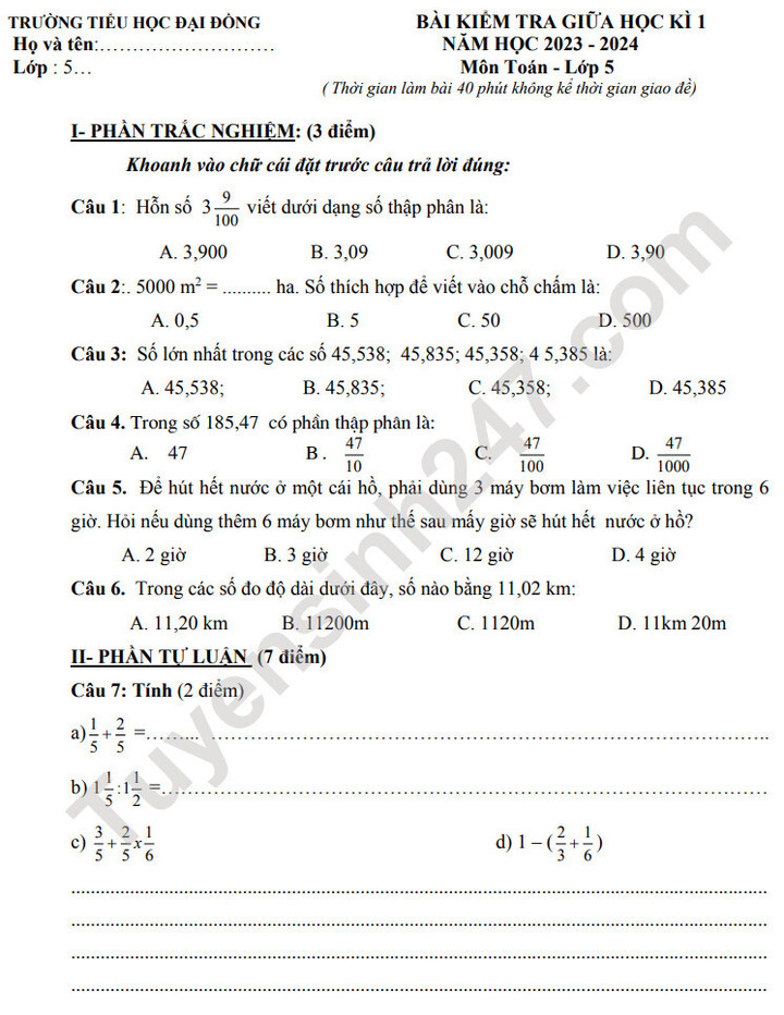 Đề thi tham khảo môn Toán lớp 5 học kỳ 1 năm học 2023 - 2024 - 3