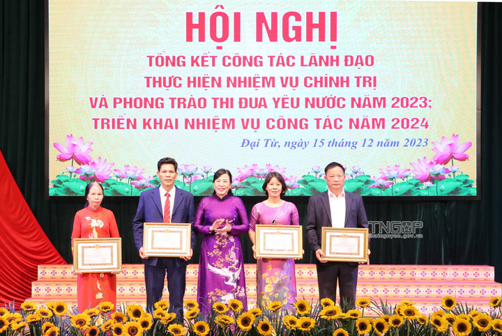 Bà Nguyễn Thanh Hải trao bằng khen cho các chi bộ, đảng bộ đạt tiêu chuẩn hoàn thành xuất sắc nhiệm vụ tiêu biểu 5 năm liền. (Ảnh: thainguyen.gov.vn)